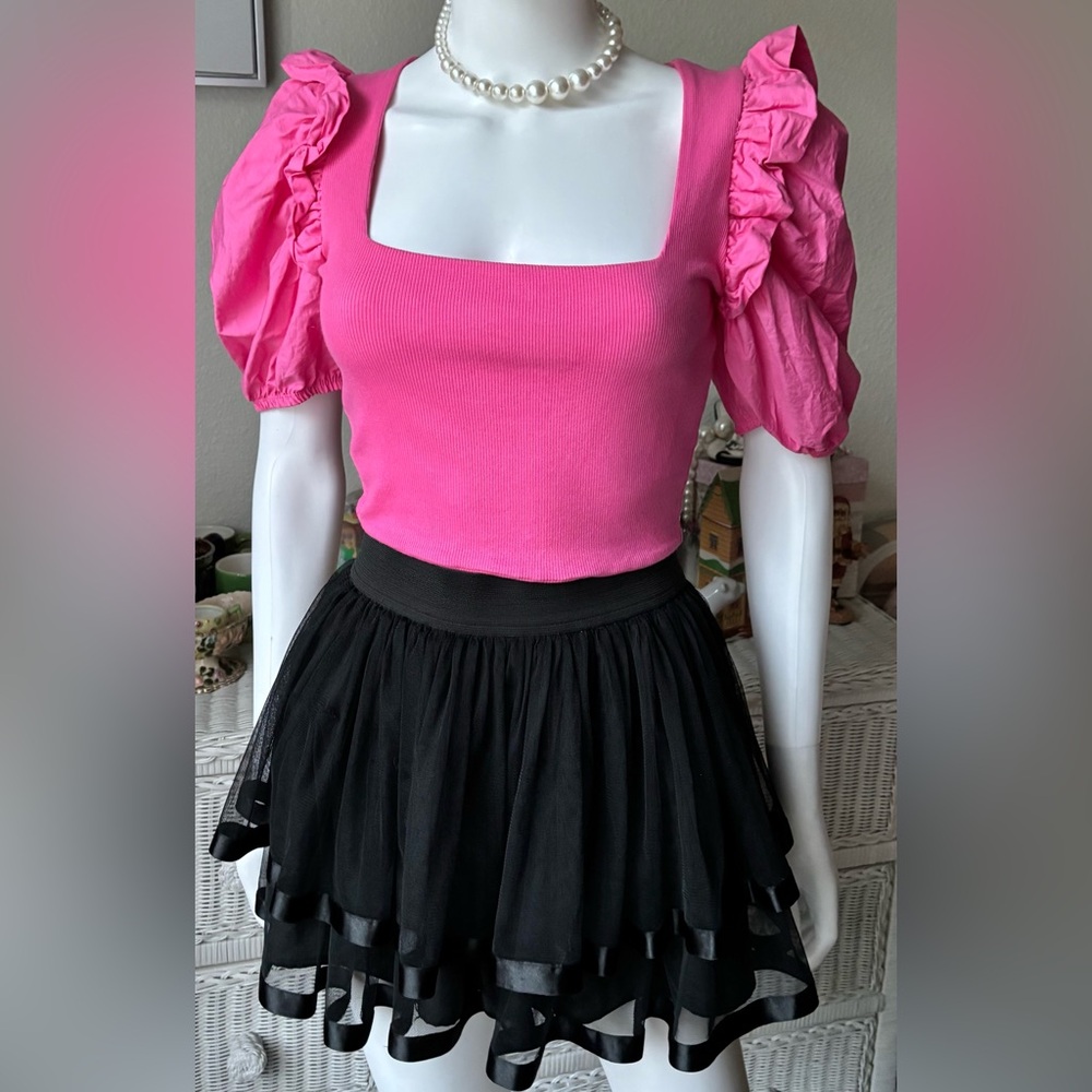 Zara Crop Top Ribbed Knit Low Cut Cotton Puffy Ruffled Shoulders Hot Pink Size M